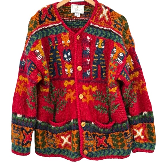 Express Sweaters - Vintage Express TRICOT Hand Knit Cat Wool Oversized Cardigan Sweater M/L